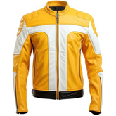 Men's Iconic Yellow and White Real Lambskin Leather Biker Jacket